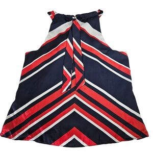 NEW Chaps Navy Multi Striped Silky Halter Tie Detail Tank Top Large Americana